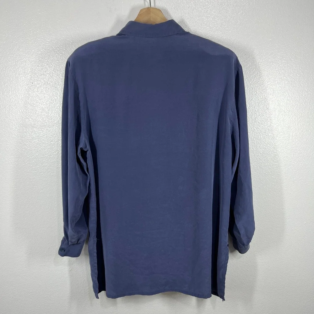 Silk Button‎ Down Shirt Long Sleeve Blouse Top Relaxed Fit Size 40 Shoulder Pad - Picture 2 of 10